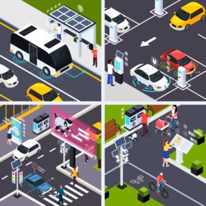 Smart Parking con sensori IoT e segnaletica digitale in una smart city futuristica